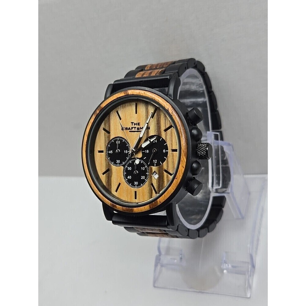 Danbury Mint The Craftsman Zebrawood Chrono Watch 44mm Quartz New Battery Date - Picture 2 of 12